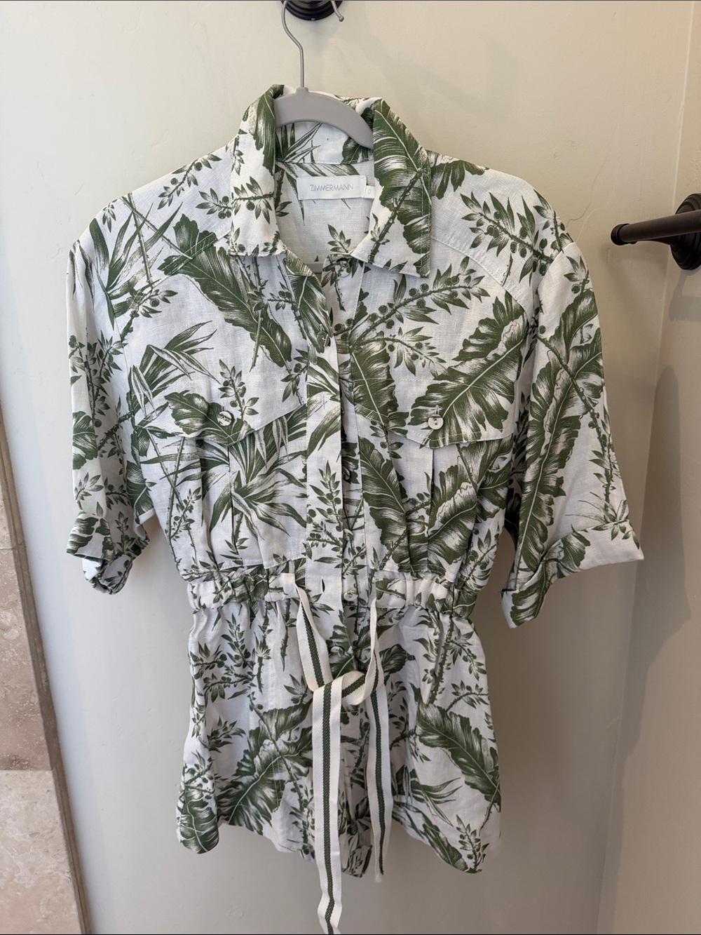Zimmermann White Shirt with Green Leaf Print and Drawstring Waist size 0